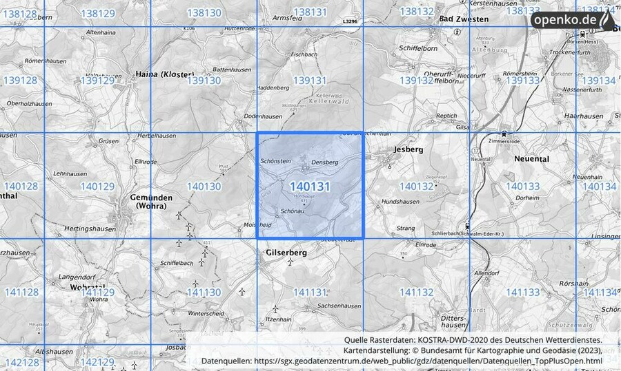 Übersichtskarte des KOSTRA-DWD-2020-Rasterfeldes Nr. 140131