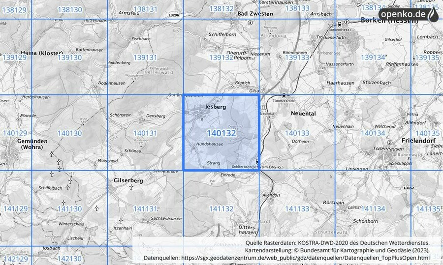 Übersichtskarte des KOSTRA-DWD-2020-Rasterfeldes Nr. 140132