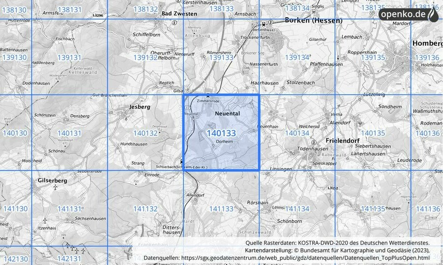 Übersichtskarte des KOSTRA-DWD-2020-Rasterfeldes Nr. 140133