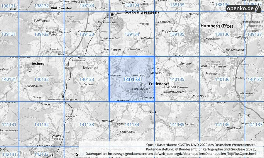 Übersichtskarte des KOSTRA-DWD-2020-Rasterfeldes Nr. 140134