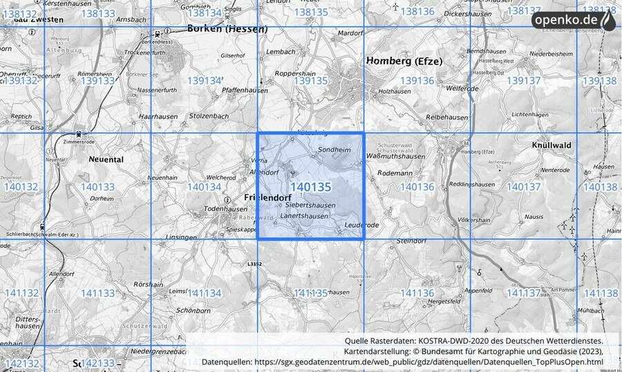 Übersichtskarte des KOSTRA-DWD-2020-Rasterfeldes Nr. 140135