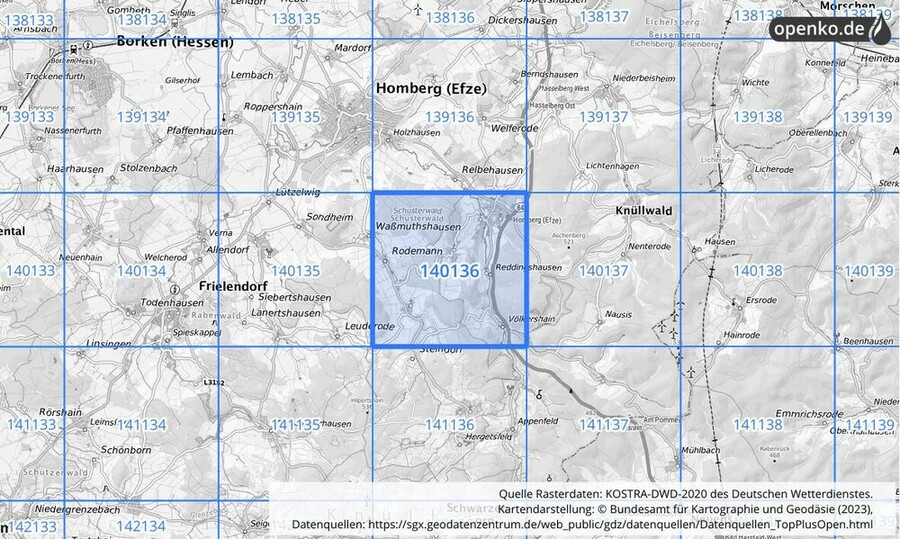 Übersichtskarte des KOSTRA-DWD-2020-Rasterfeldes Nr. 140136