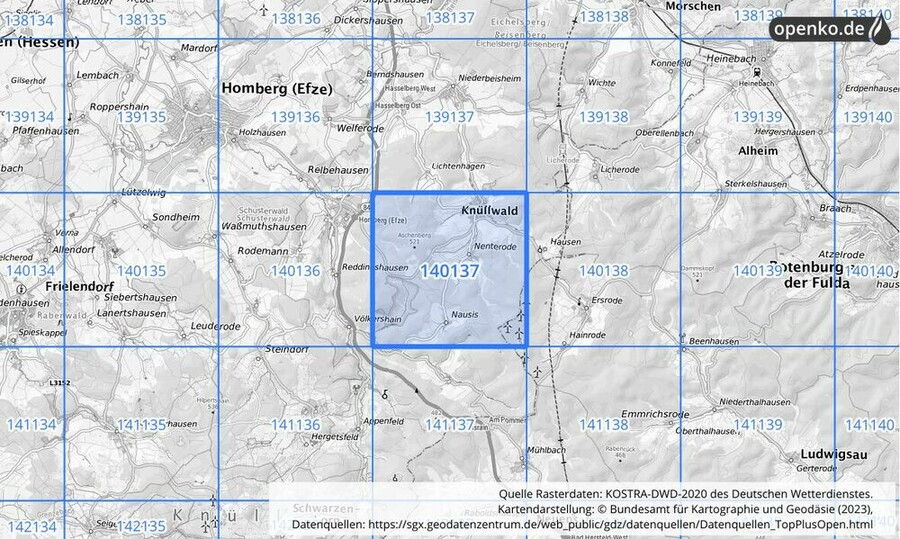 Übersichtskarte des KOSTRA-DWD-2020-Rasterfeldes Nr. 140137