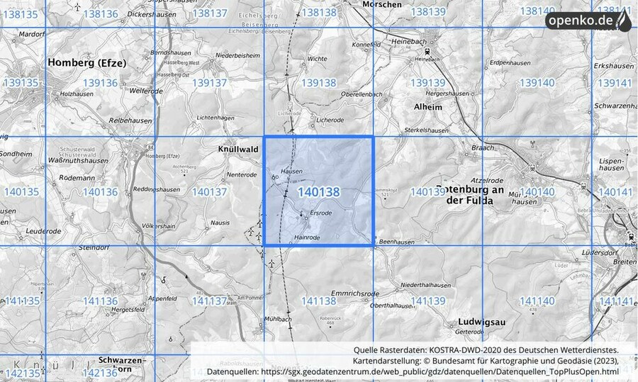 Übersichtskarte des KOSTRA-DWD-2020-Rasterfeldes Nr. 140138