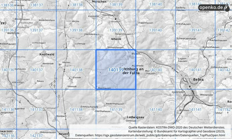 Übersichtskarte des KOSTRA-DWD-2020-Rasterfeldes Nr. 140139