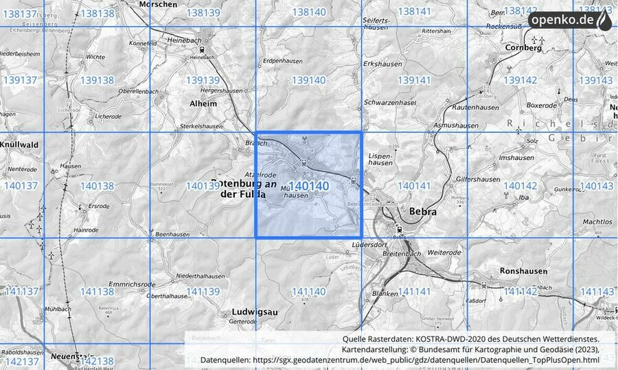 Übersichtskarte des KOSTRA-DWD-2020-Rasterfeldes Nr. 140140