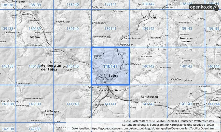 Übersichtskarte des KOSTRA-DWD-2020-Rasterfeldes Nr. 140141