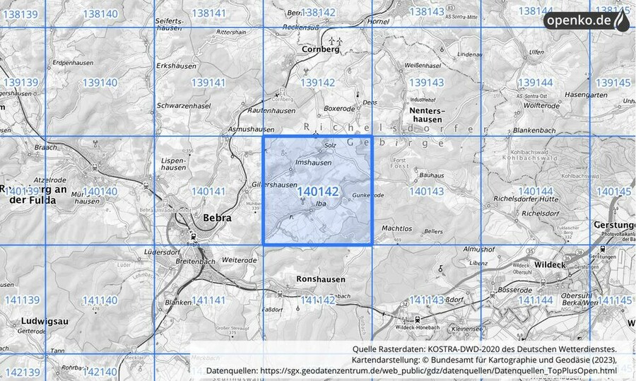 Übersichtskarte des KOSTRA-DWD-2020-Rasterfeldes Nr. 140142