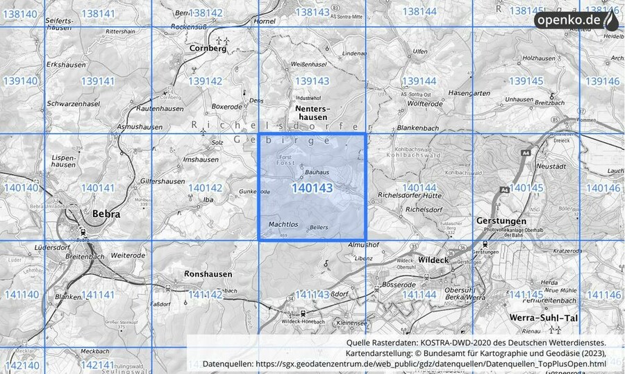 Übersichtskarte des KOSTRA-DWD-2020-Rasterfeldes Nr. 140143