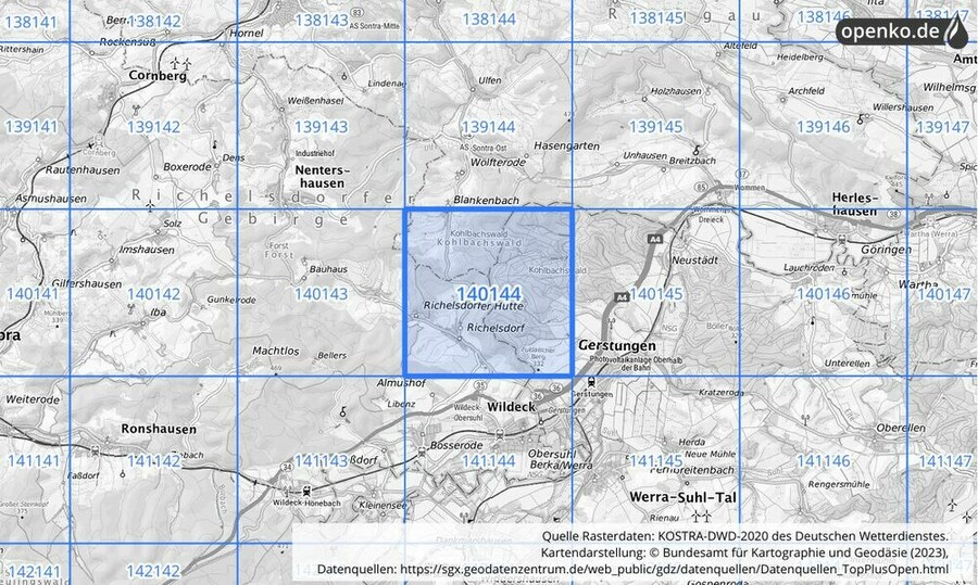 Übersichtskarte des KOSTRA-DWD-2020-Rasterfeldes Nr. 140144