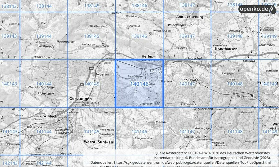 Übersichtskarte des KOSTRA-DWD-2020-Rasterfeldes Nr. 140146