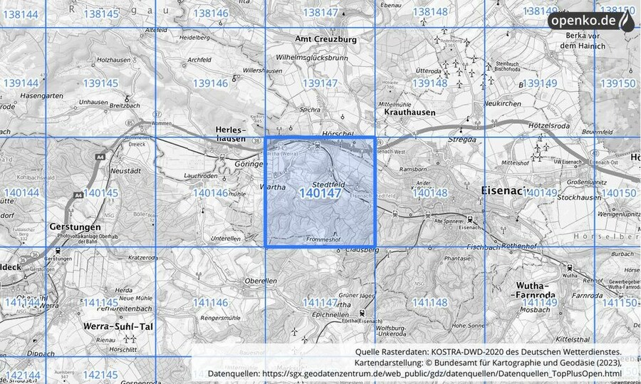 Übersichtskarte des KOSTRA-DWD-2020-Rasterfeldes Nr. 140147