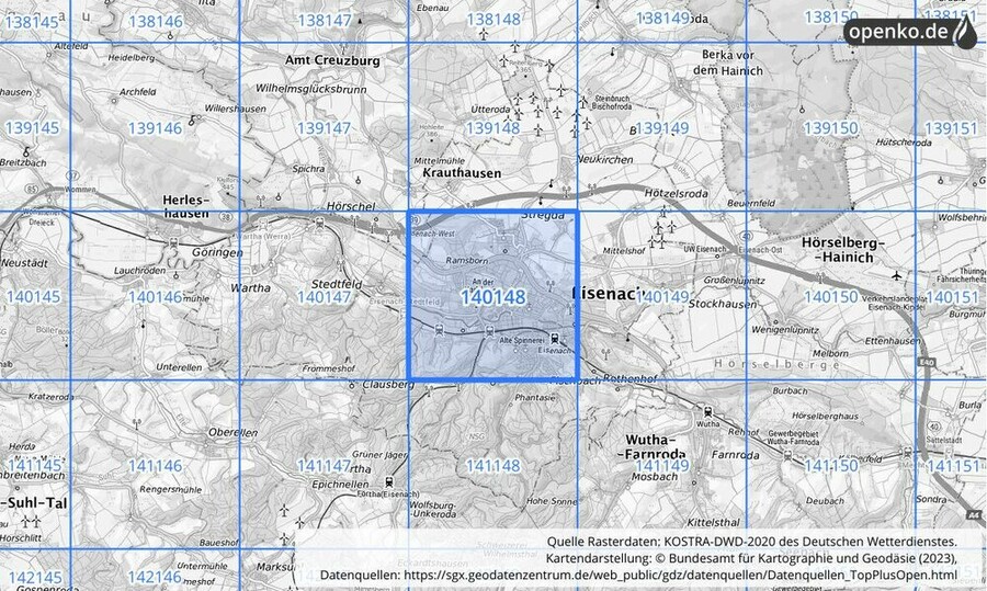 Übersichtskarte des KOSTRA-DWD-2020-Rasterfeldes Nr. 140148