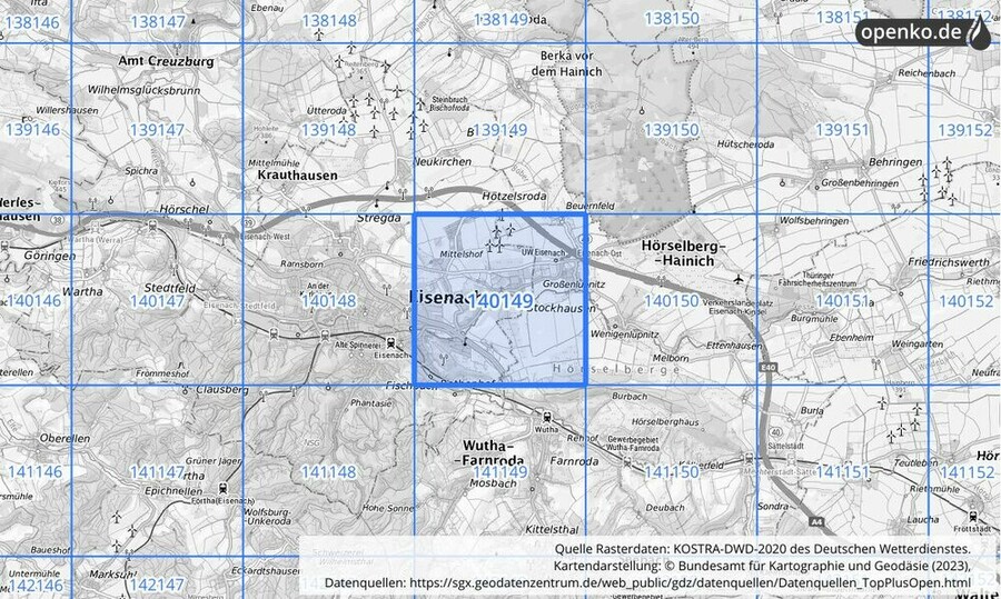 Übersichtskarte des KOSTRA-DWD-2020-Rasterfeldes Nr. 140149