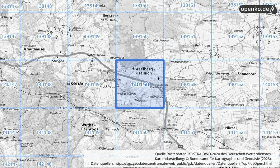 Übersichtskarte des KOSTRA-DWD-2020-Rasterfeldes Nr. 140150