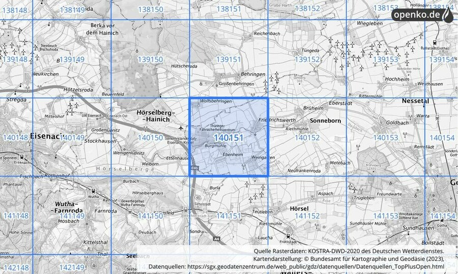 Übersichtskarte des KOSTRA-DWD-2020-Rasterfeldes Nr. 140151