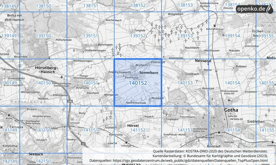 Übersichtskarte des KOSTRA-DWD-2020-Rasterfeldes Nr. 140152