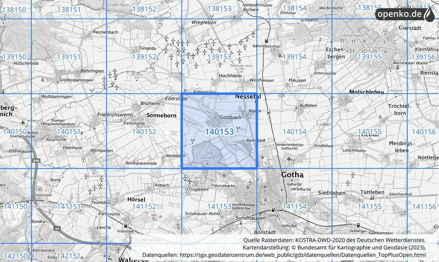 Übersichtskarte des KOSTRA-DWD-2020-Rasterfeldes Nr. 140153