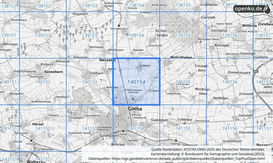 Übersichtskarte des KOSTRA-DWD-2020-Rasterfeldes Nr. 140154