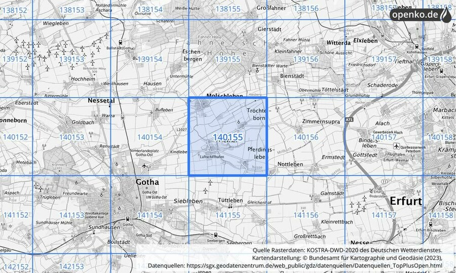 Übersichtskarte des KOSTRA-DWD-2020-Rasterfeldes Nr. 140155
