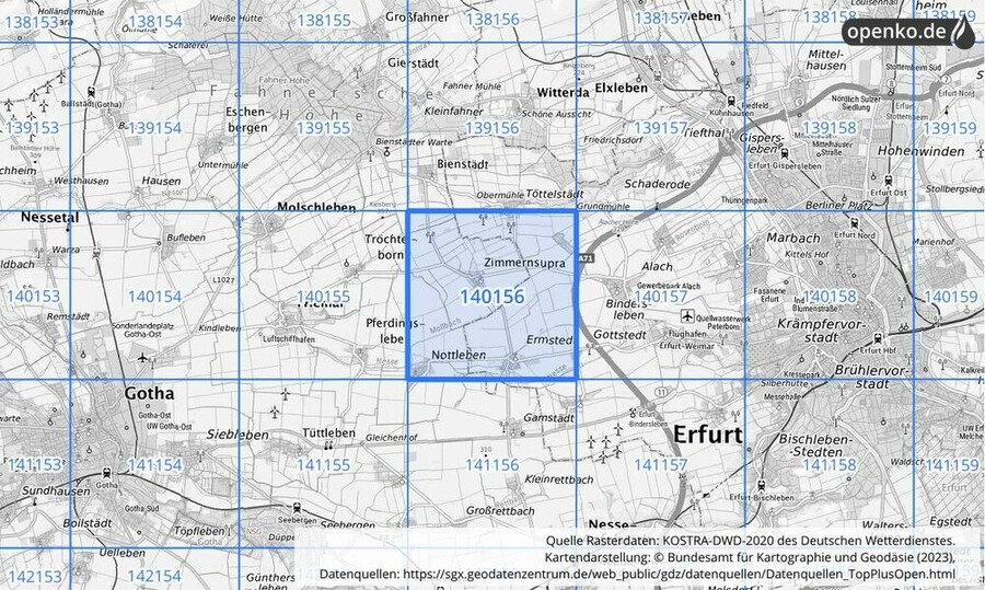 Übersichtskarte des KOSTRA-DWD-2020-Rasterfeldes Nr. 140156