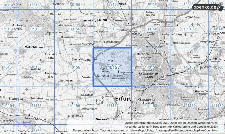 Übersichtskarte des KOSTRA-DWD-2020-Rasterfeldes Nr. 140157