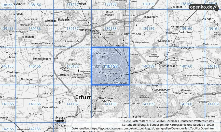 Übersichtskarte des KOSTRA-DWD-2020-Rasterfeldes Nr. 140158