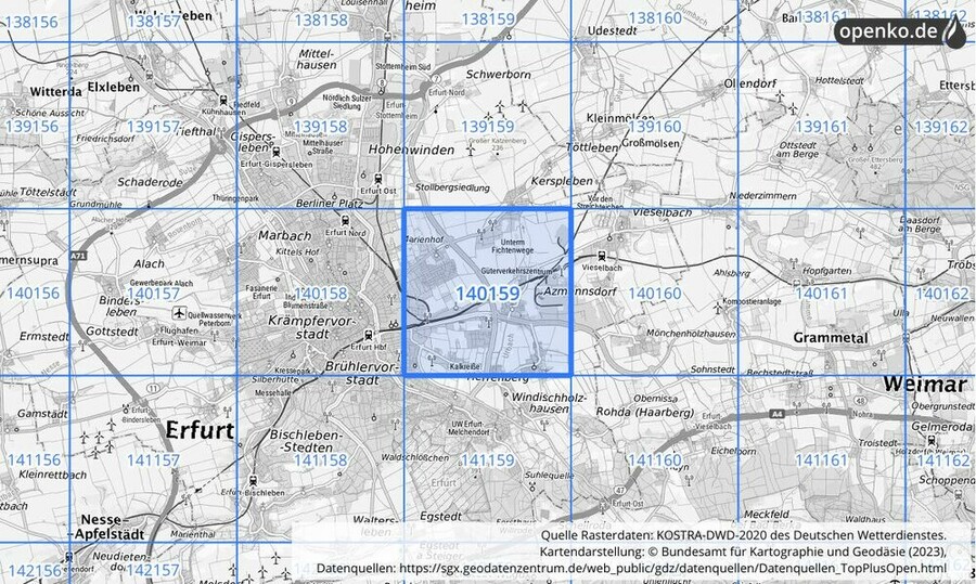 Übersichtskarte des KOSTRA-DWD-2020-Rasterfeldes Nr. 140159