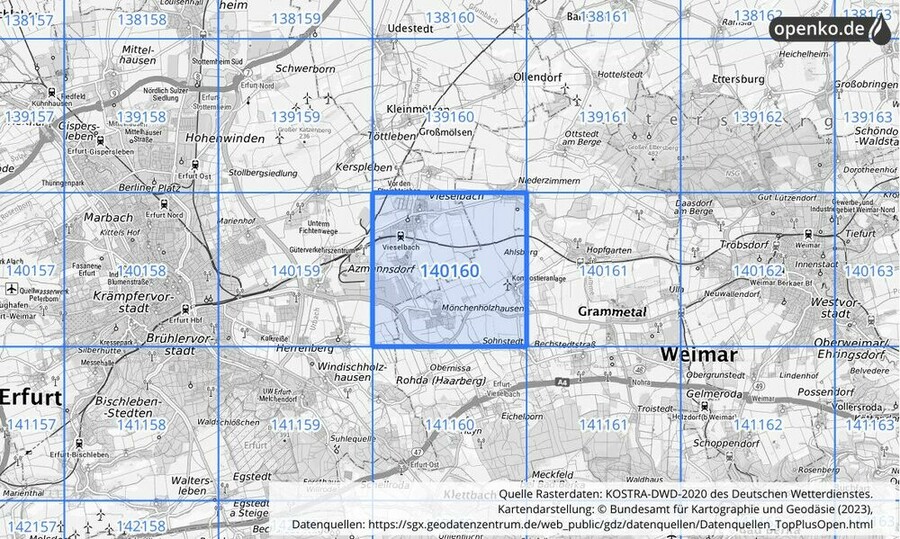 Übersichtskarte des KOSTRA-DWD-2020-Rasterfeldes Nr. 140160