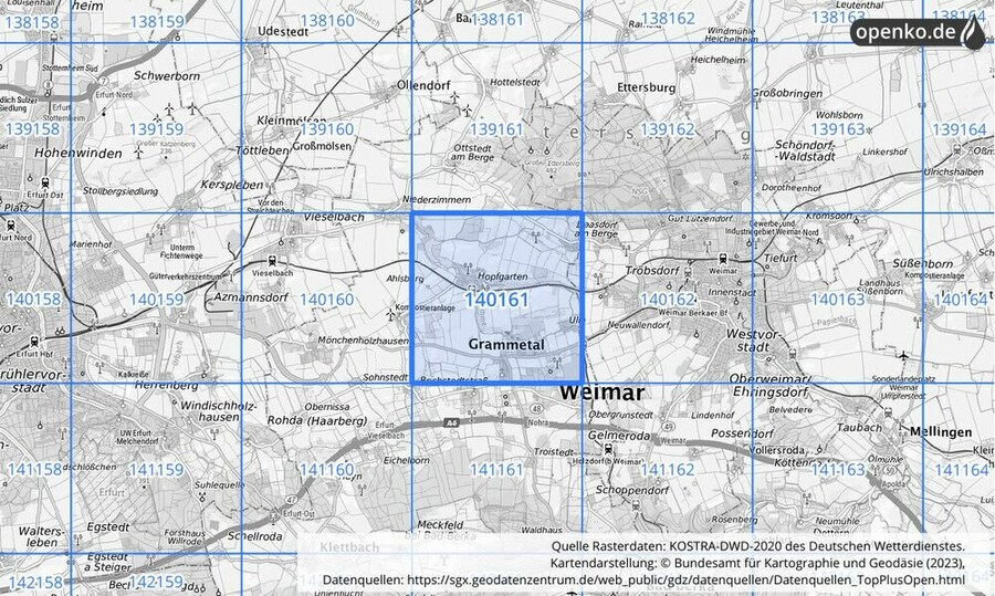 Übersichtskarte des KOSTRA-DWD-2020-Rasterfeldes Nr. 140161