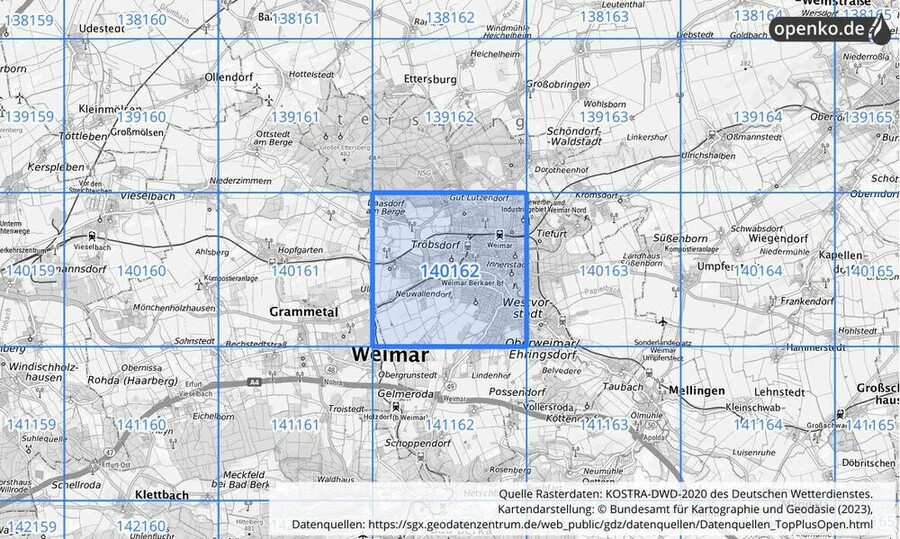 Übersichtskarte des KOSTRA-DWD-2020-Rasterfeldes Nr. 140162