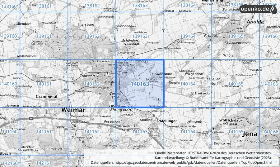 Übersichtskarte des KOSTRA-DWD-2020-Rasterfeldes Nr. 140163