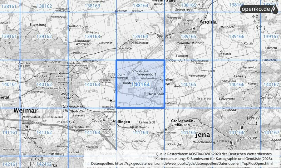 Übersichtskarte des KOSTRA-DWD-2020-Rasterfeldes Nr. 140164