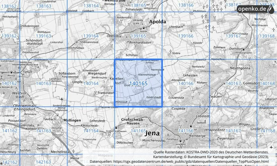 Übersichtskarte des KOSTRA-DWD-2020-Rasterfeldes Nr. 140165