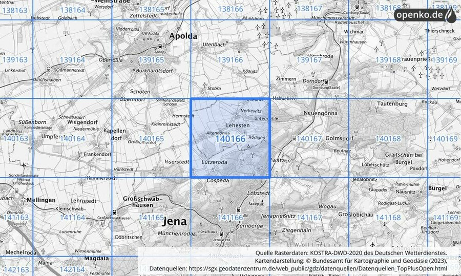 Übersichtskarte des KOSTRA-DWD-2020-Rasterfeldes Nr. 140166