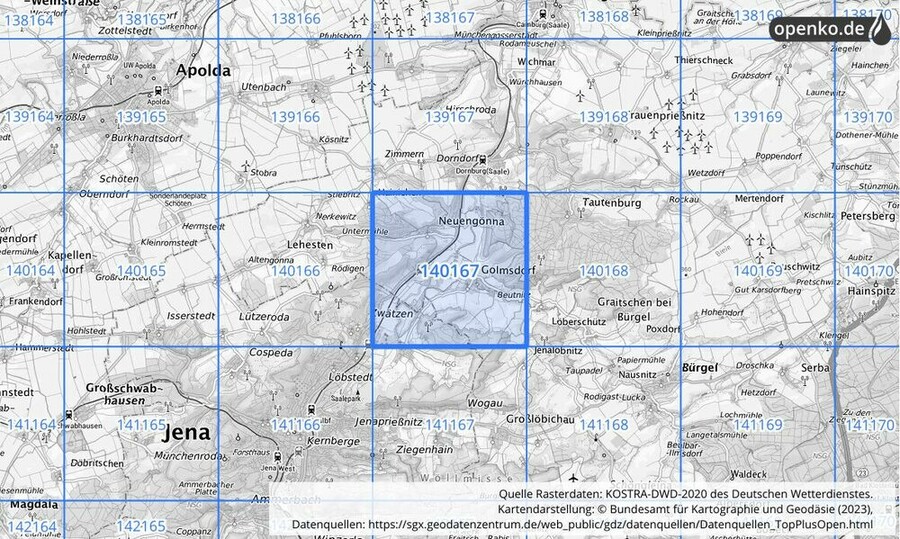 Übersichtskarte des KOSTRA-DWD-2020-Rasterfeldes Nr. 140167