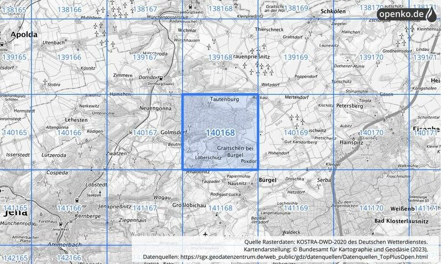 Übersichtskarte des KOSTRA-DWD-2020-Rasterfeldes Nr. 140168