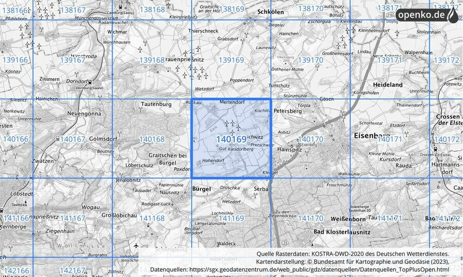 Übersichtskarte des KOSTRA-DWD-2020-Rasterfeldes Nr. 140169