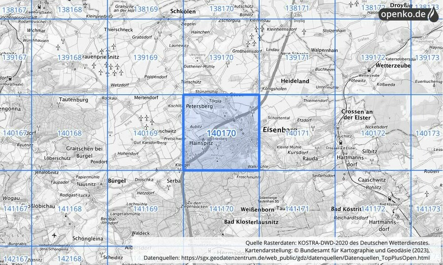 Übersichtskarte des KOSTRA-DWD-2020-Rasterfeldes Nr. 140170