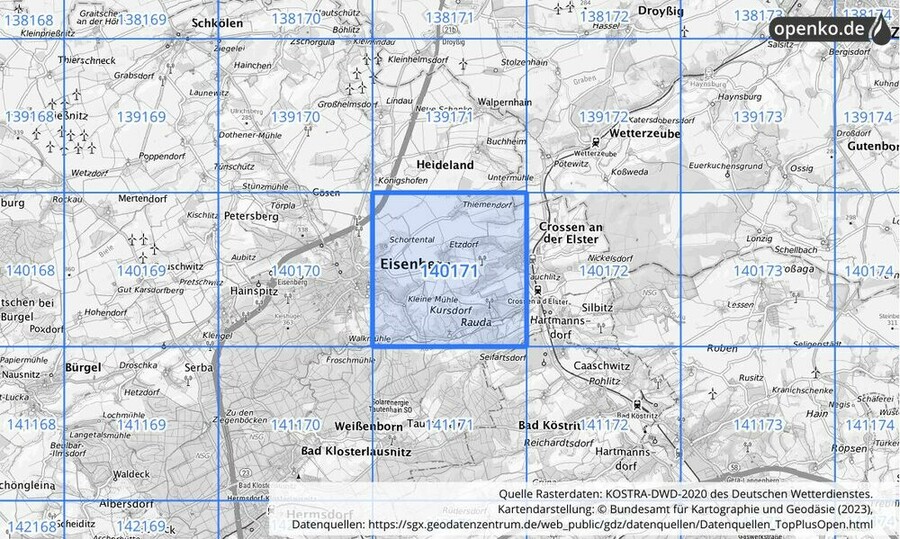 Übersichtskarte des KOSTRA-DWD-2020-Rasterfeldes Nr. 140171