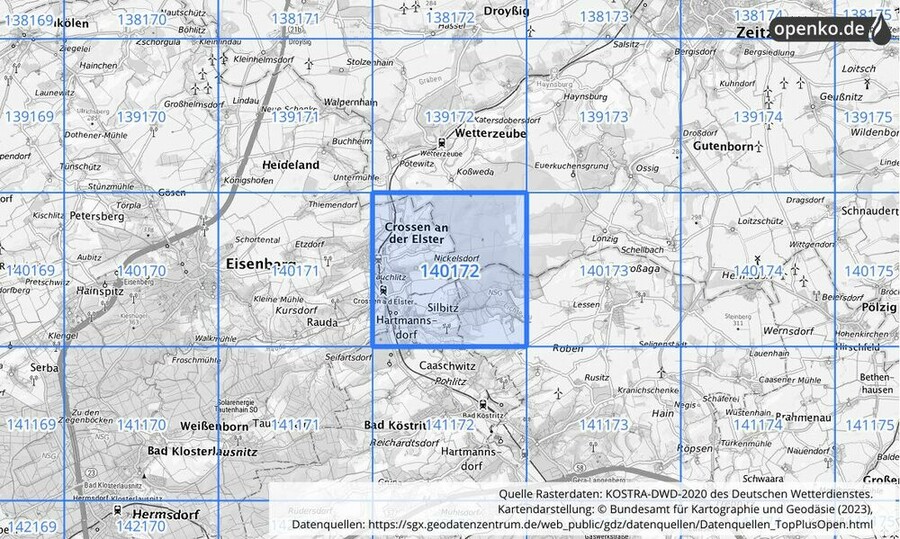 Übersichtskarte des KOSTRA-DWD-2020-Rasterfeldes Nr. 140172