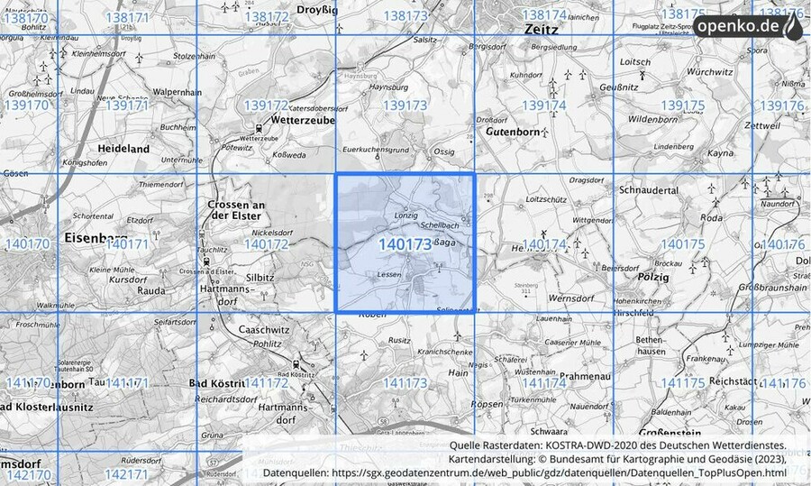 Übersichtskarte des KOSTRA-DWD-2020-Rasterfeldes Nr. 140173