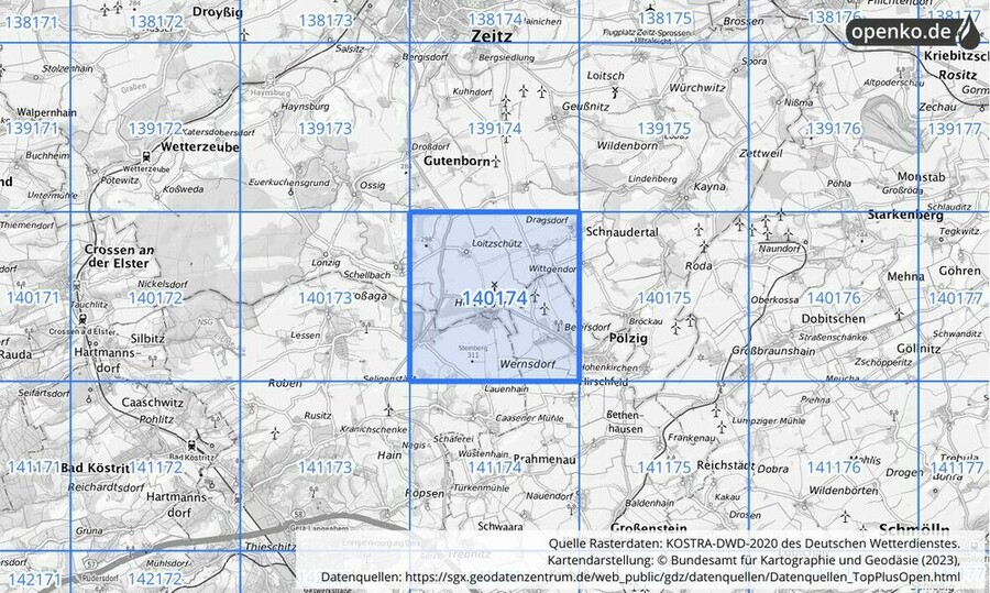 Übersichtskarte des KOSTRA-DWD-2020-Rasterfeldes Nr. 140174