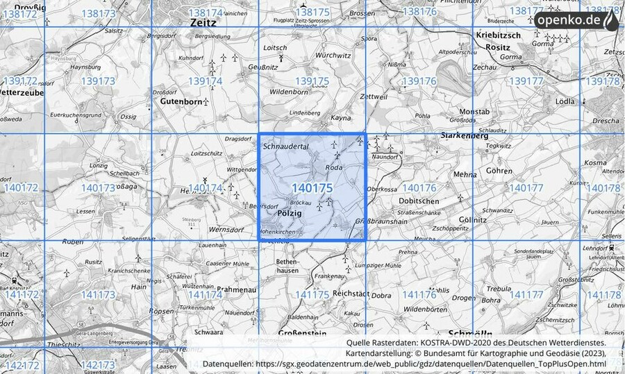 Übersichtskarte des KOSTRA-DWD-2020-Rasterfeldes Nr. 140175