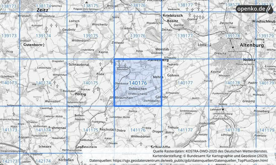 Übersichtskarte des KOSTRA-DWD-2020-Rasterfeldes Nr. 140176