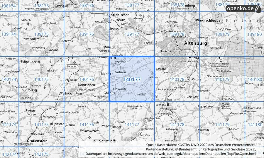 Übersichtskarte des KOSTRA-DWD-2020-Rasterfeldes Nr. 140177