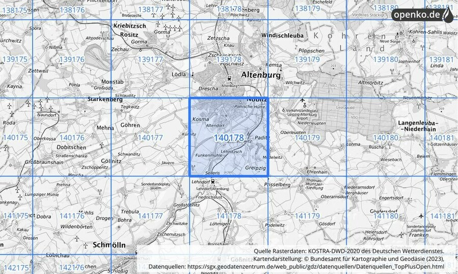 Übersichtskarte des KOSTRA-DWD-2020-Rasterfeldes Nr. 140178