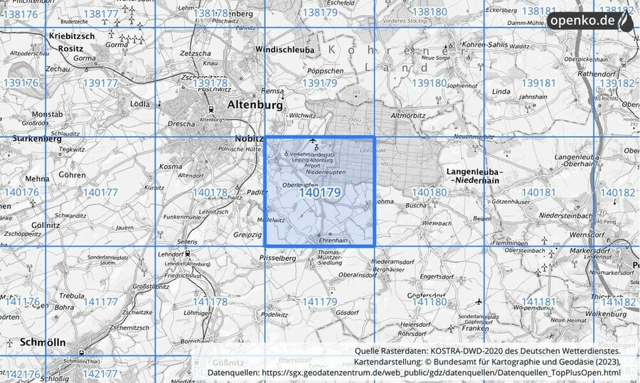 Übersichtskarte des KOSTRA-DWD-2020-Rasterfeldes Nr. 140179