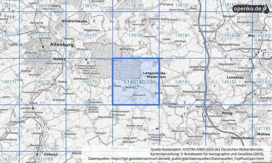 Übersichtskarte des KOSTRA-DWD-2020-Rasterfeldes Nr. 140180