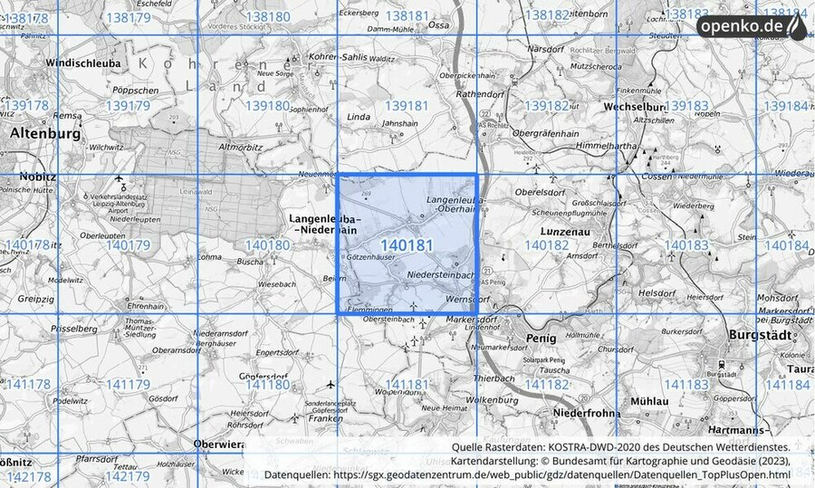 Übersichtskarte des KOSTRA-DWD-2020-Rasterfeldes Nr. 140181